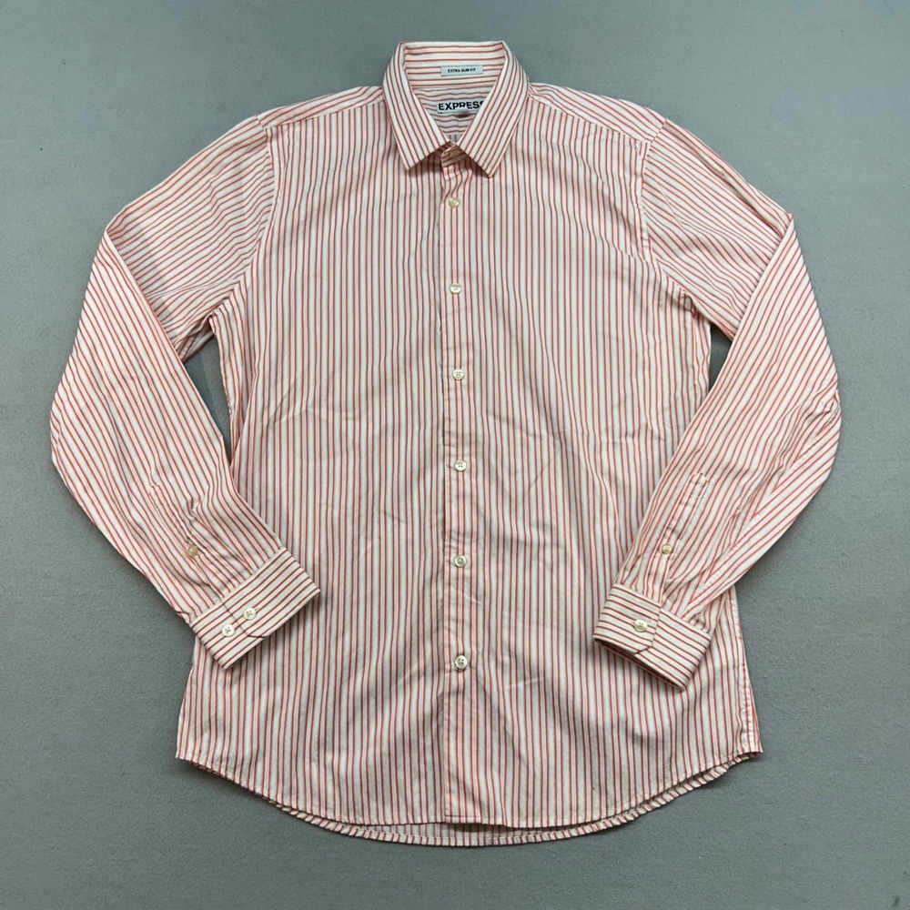 Express Mens Extra Slim Fit Striped Button Down Shirt Orange White Large 16-16.5